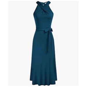 Women's Blue Midi Dress M Crisscross Halter Neck Bodycon Party Cocktail